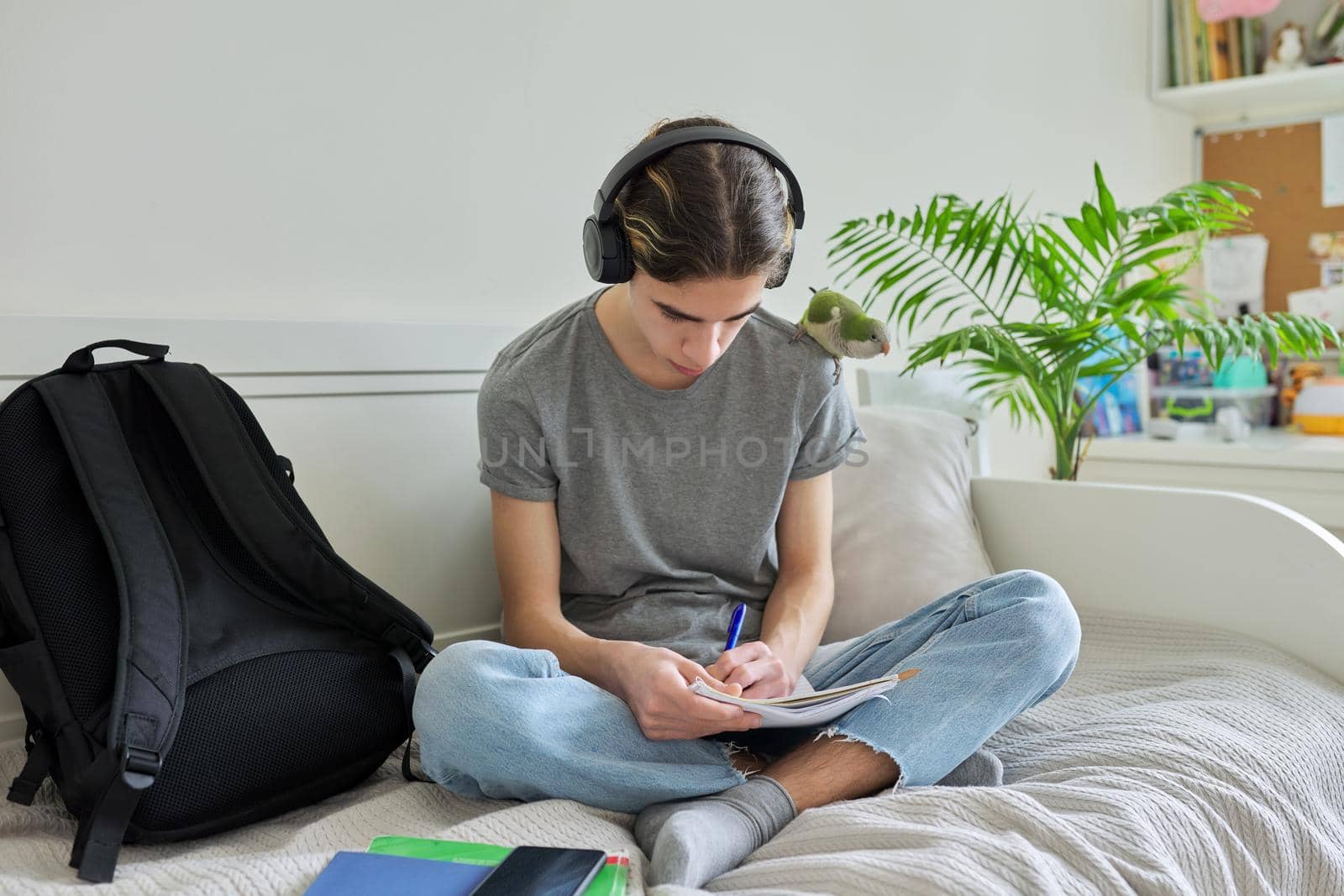 Male teenager with pet green parrot quaker on his shoulder, guy student sitting in headphones with textbooks notebooks books at home on bed