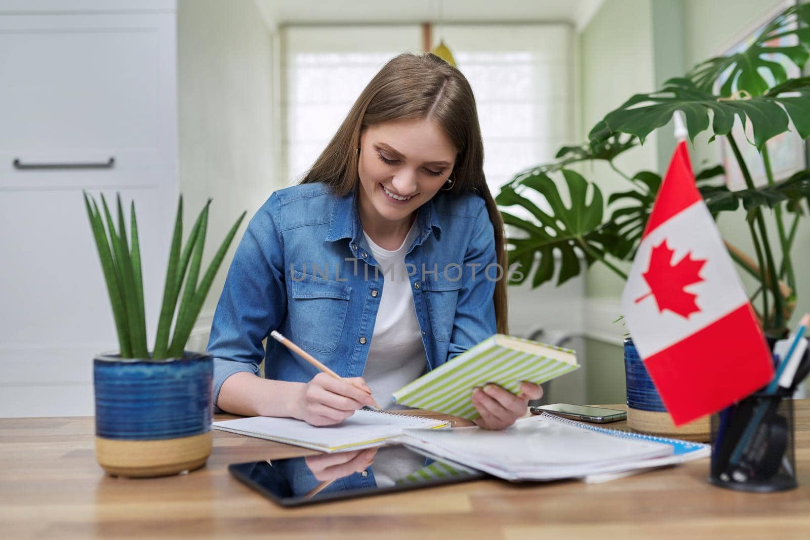 Online training, female teenager sitting at home looking at webcam, Canadian flag on table by VH-studio