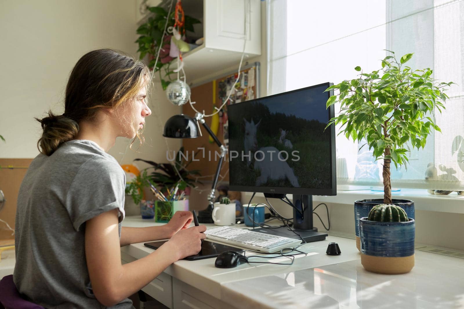 Teen guy sitting at table at home working on computer, using graphics tablet to work with images. Modern technologies, hobby of male teenager, freelance, youth concept