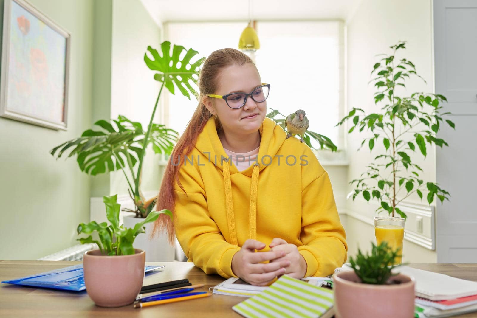 Teenage girl and pet green quaker parrot on the shoulder. Young female student doing school lessons at home in the company of a friend's bird