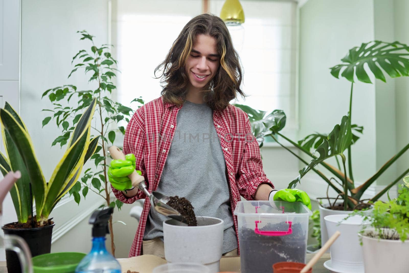 Guy teenager caring replanting indoor plants in pots. On the table are soil, pots, plants, fertilizers, watering can. Floristry hobby of young teen boy