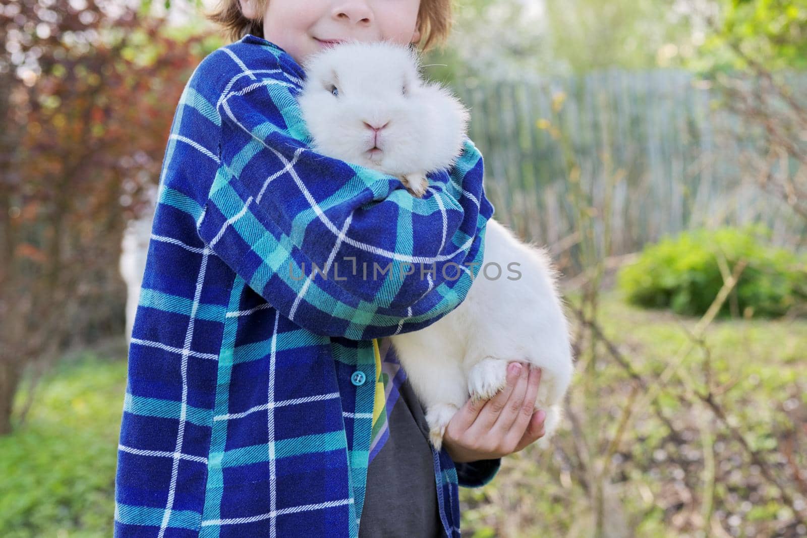 Boy with white bunny in his hands, child with decorative rabbit in spring blooming garden