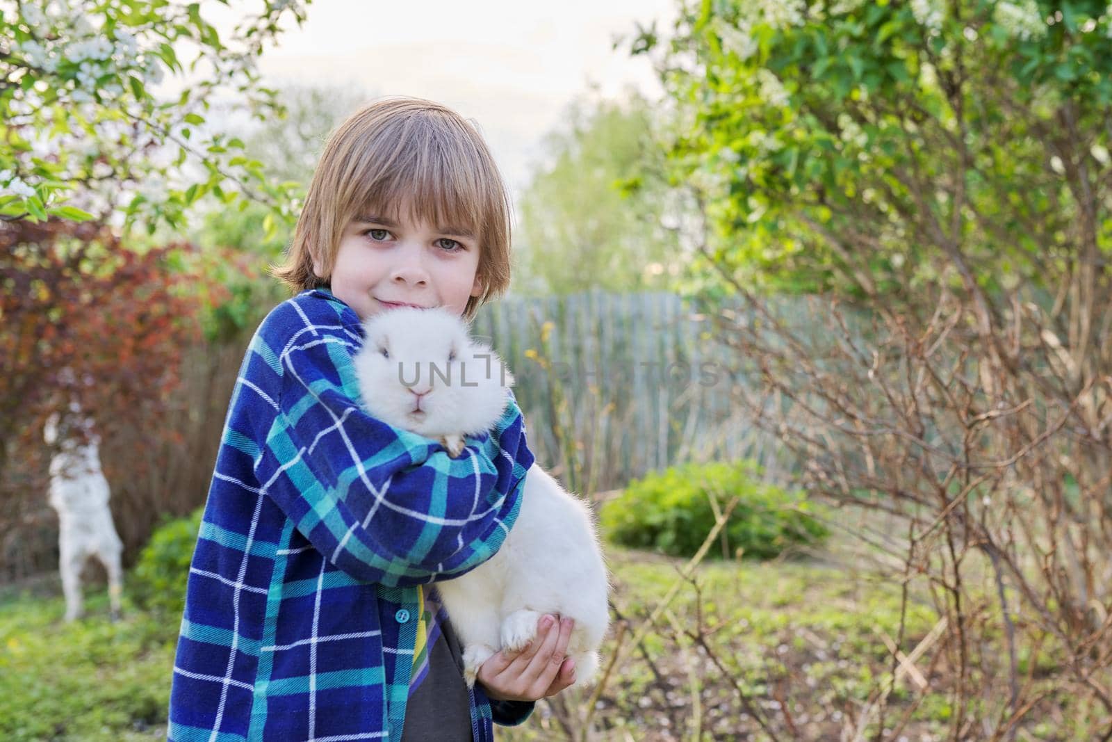 Boy with white bunny in his hands, child with decorative rabbit in spring blooming garden, copy space