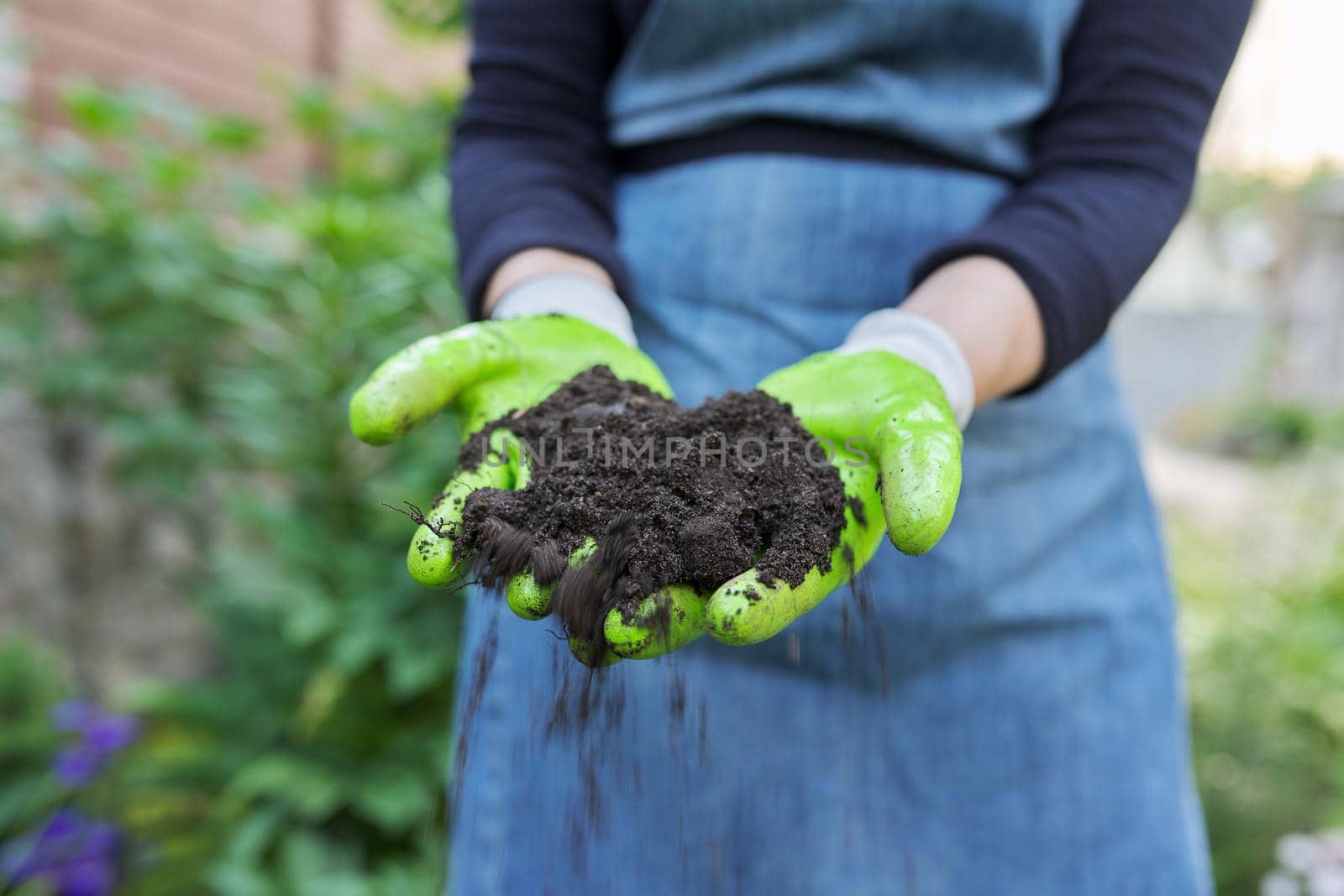 Close-up of woman's hand in gardening gloves with black fertile soil. Agriculture, horticulture, landscape, nature concept