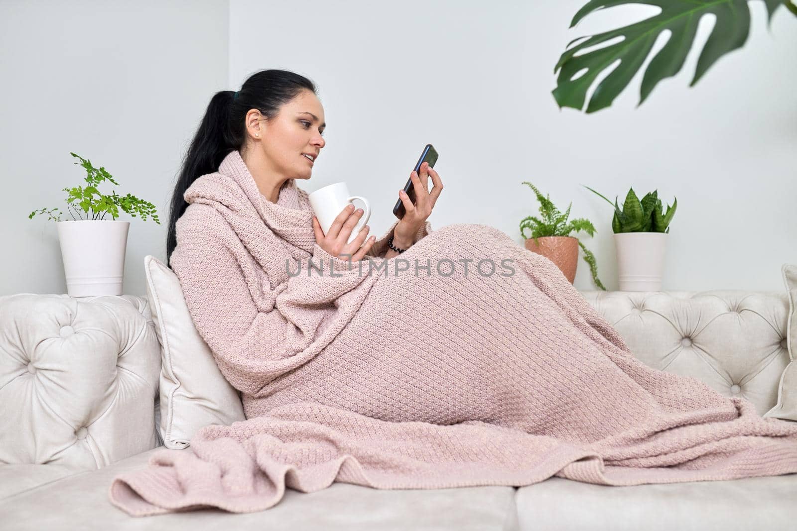 Smiling middle-aged woman using smartphone for video call, female in autumn winter season under warm knitted blanket sitting on sofa in living room. Video, online, virtual meetings, communication
