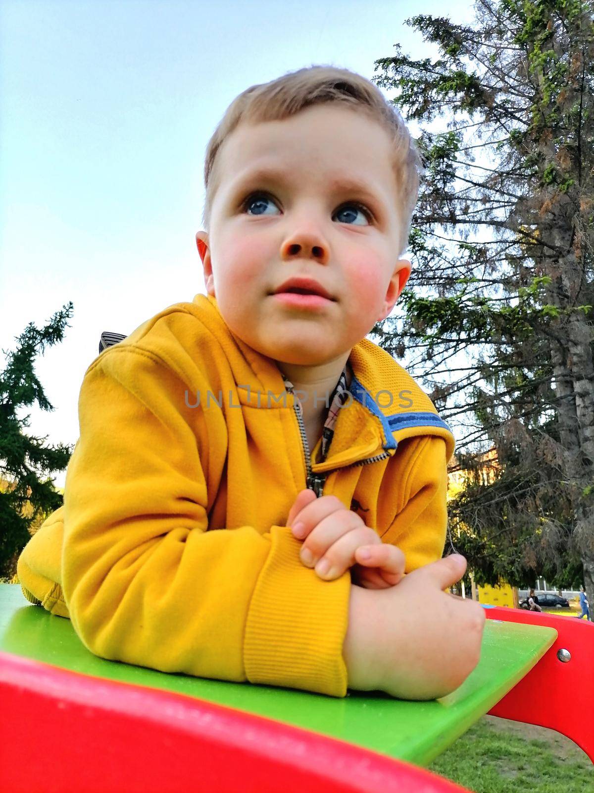 Young boy in orange jacket enjoys the ride on horse swings in park. High quality photo