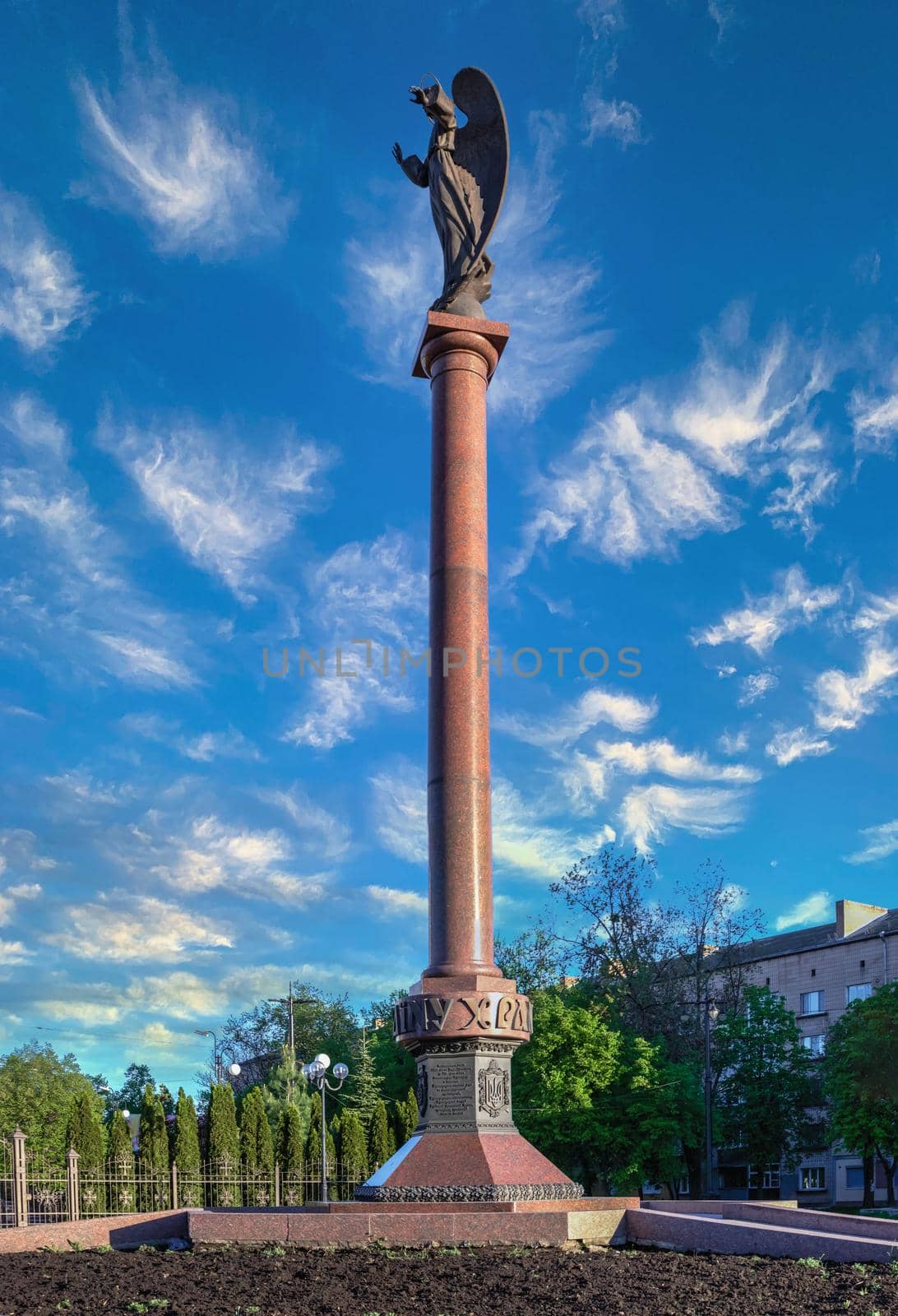 05.09.2021. Kropyvnytskyi, Ukraine. Statue of the Guardian Angel of Ukraine in Kropyvnytskyi, Ukraine, on a sunny spring morning