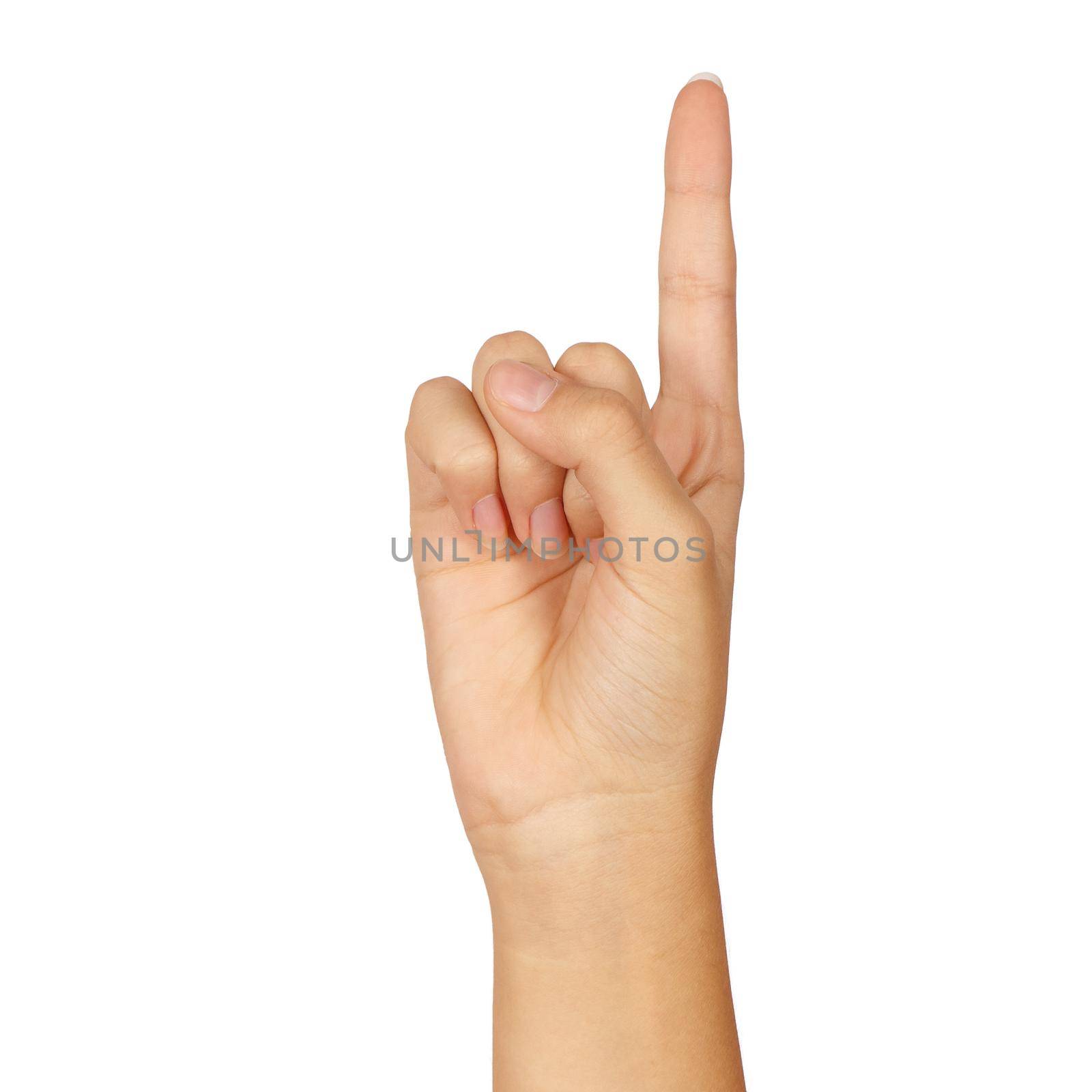 american sign language number 1. female hand gesturing isolated on white background