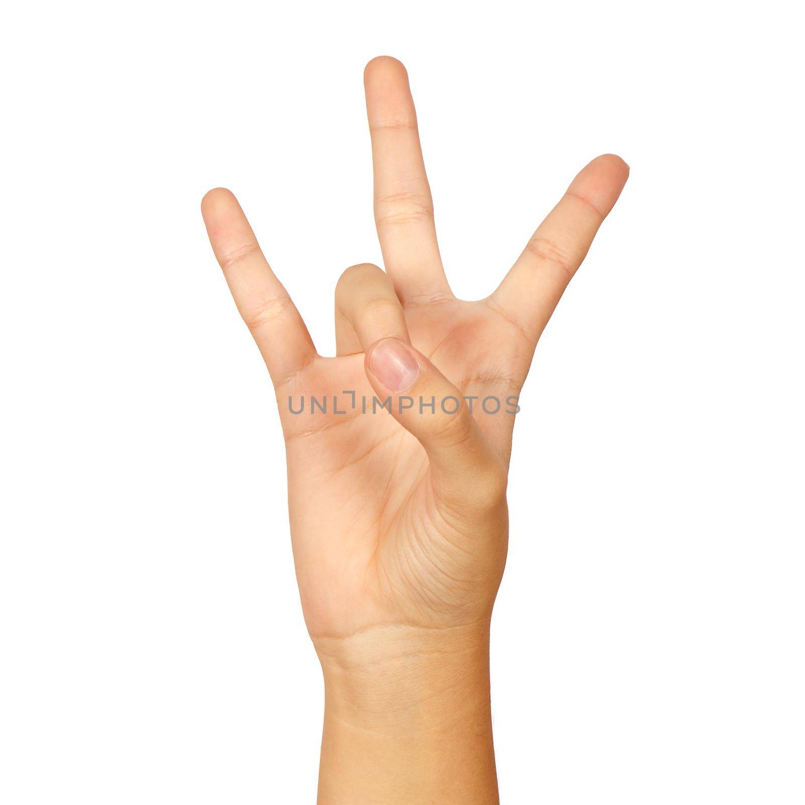 american sign language number 7. female hand gesturing isolated on white background