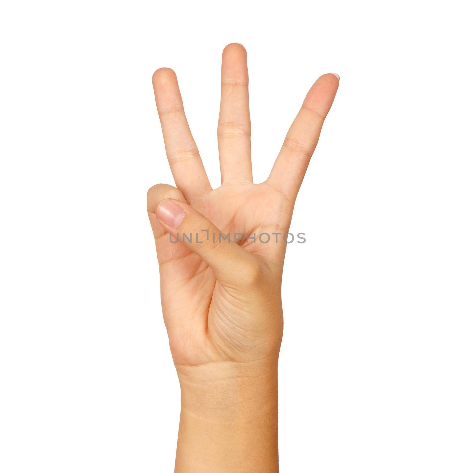 american sign language number 6. female hand gesturing isolated on white background