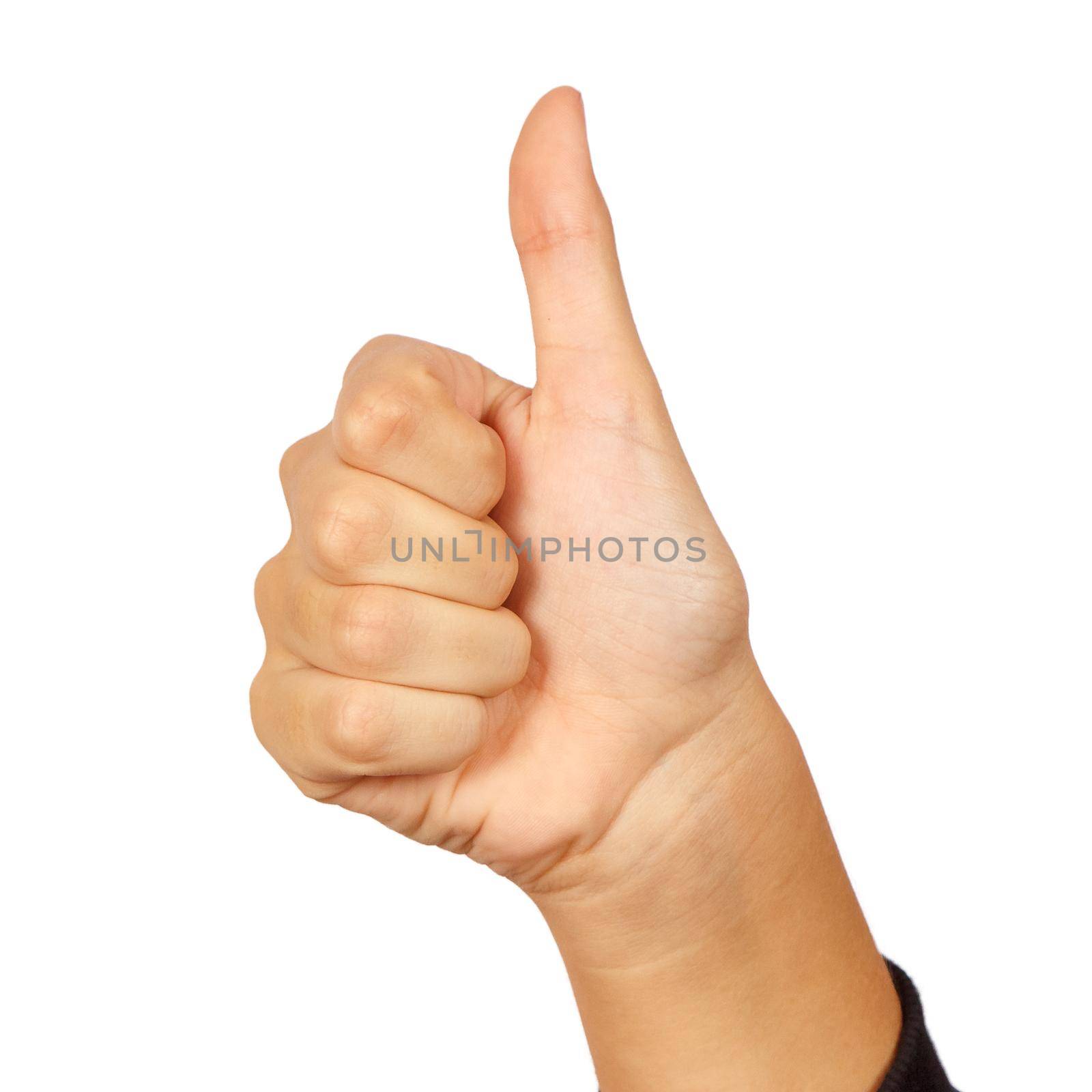 american sign language number 10. female hand gesturing isolated on white background