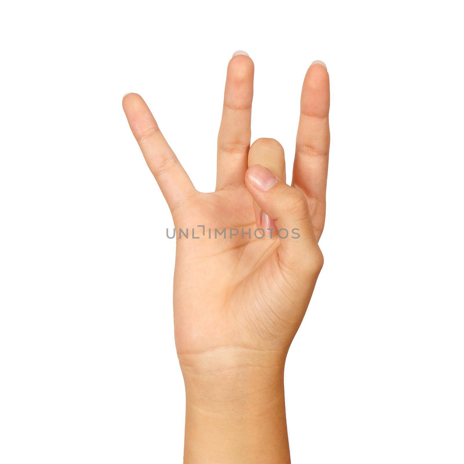 american sign language number 8. female hand gesturing isolated on white background