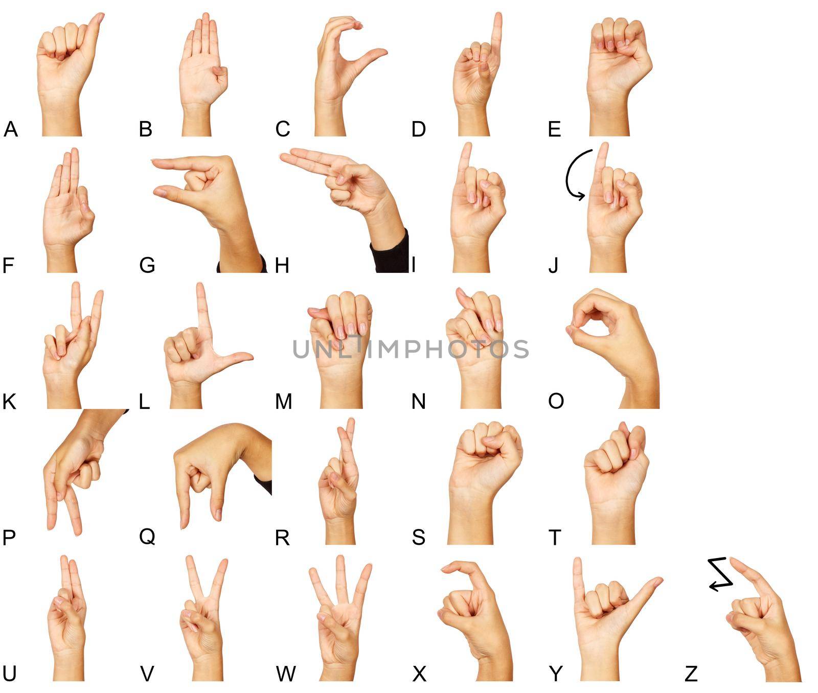 american sign language. female hand gesturing isolated on white background