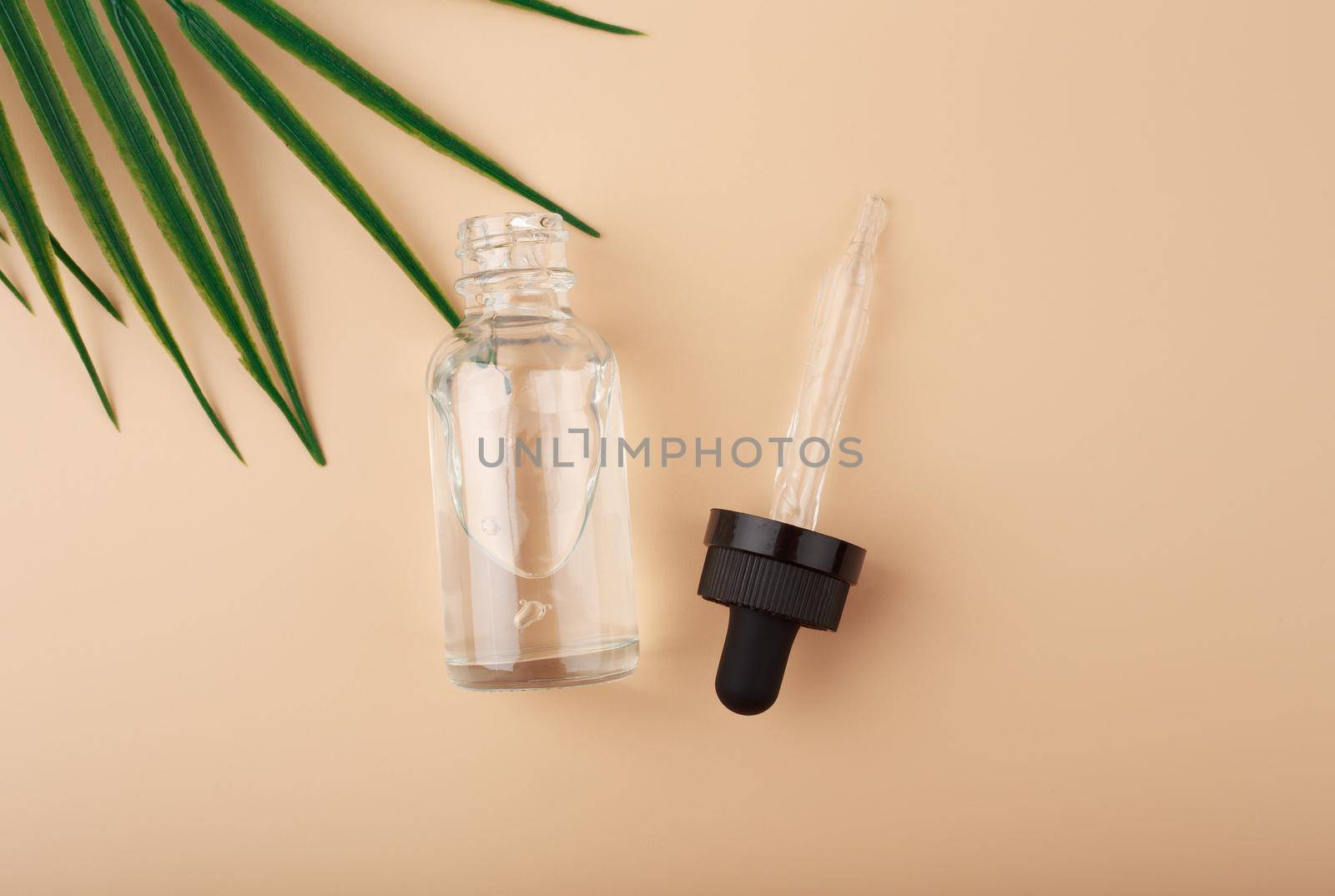 Opened skin serum bottle on pastel beige background with palm leaf by Senorina_Irina