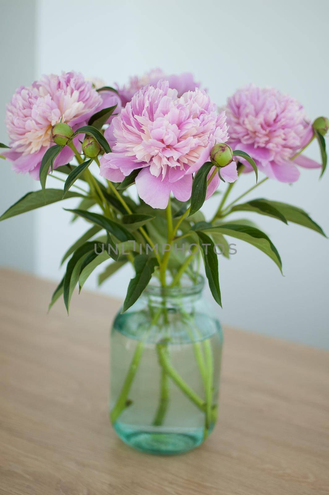 Bouquet of fresh pink peonies in transparent jar standing on the table indoors.