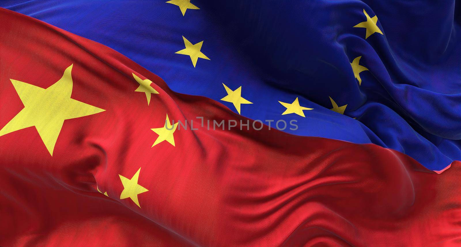 The flags of China and the European Union waving. International relations and diplomacy.