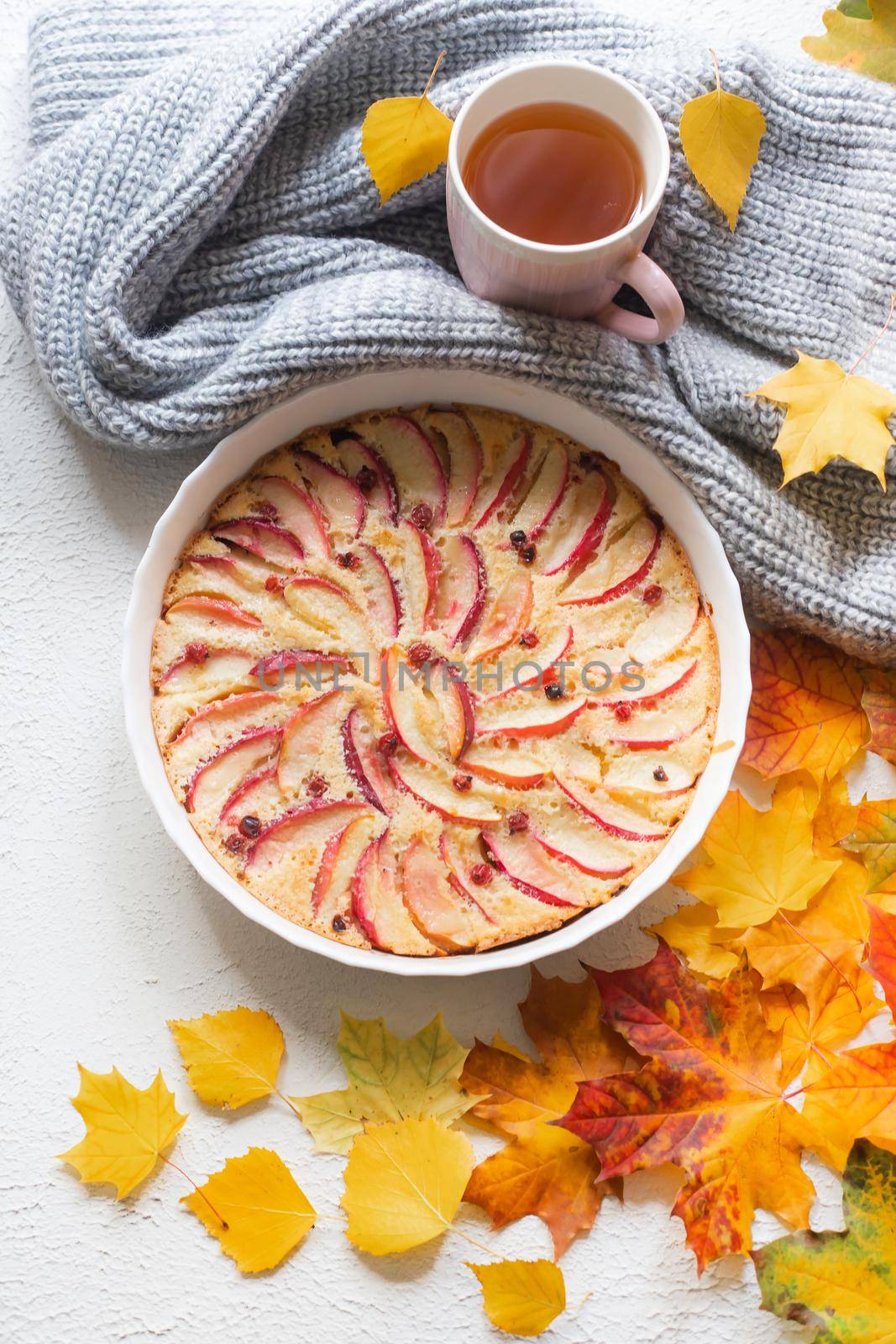 Apple pie layout and autumn leaves top view . An article about autumn. An article about baking. Homemade cakes. Autumn picture