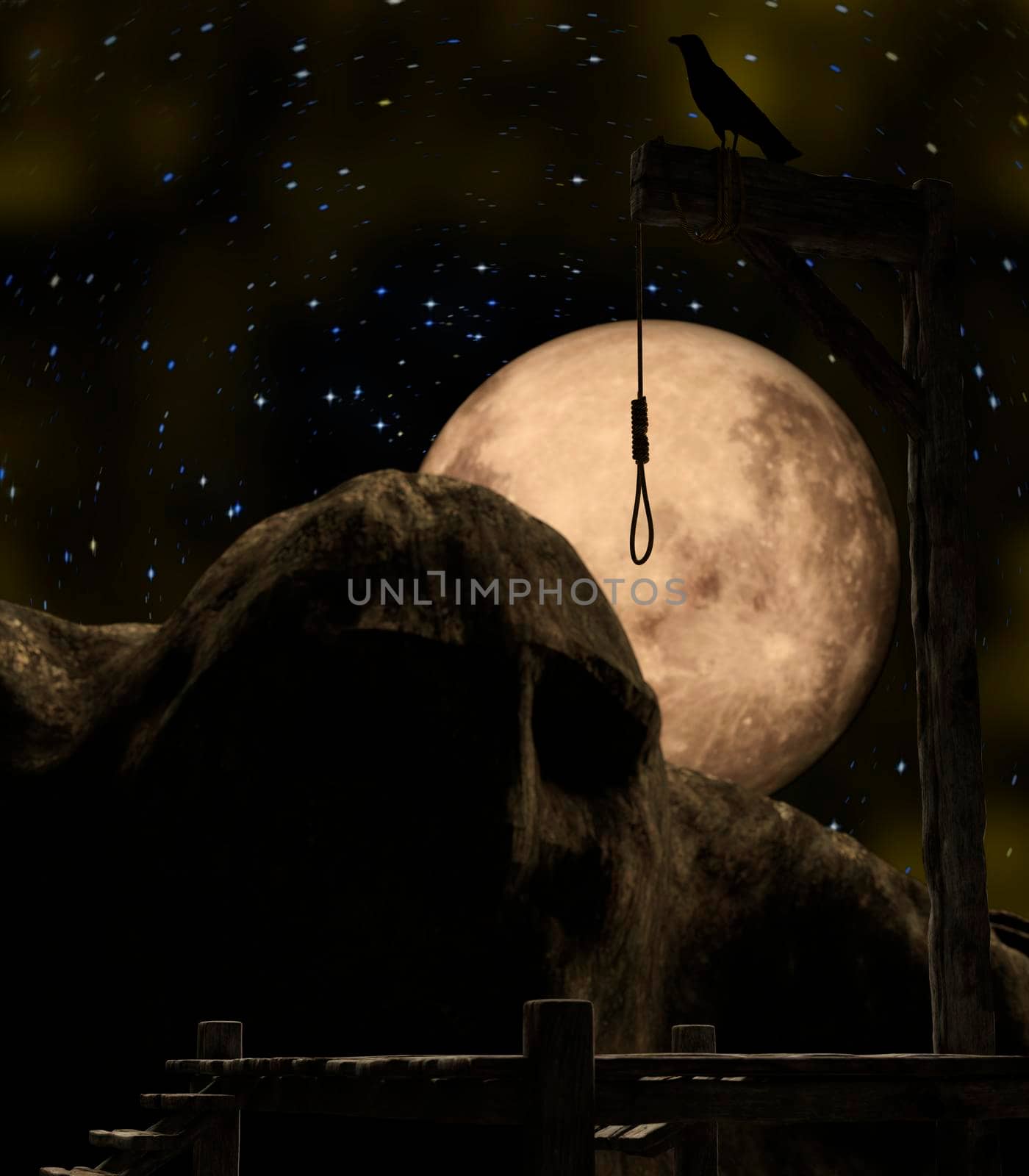Gallow on a spooky night with a golden full moon and a crow sitting on it - 3d rendering