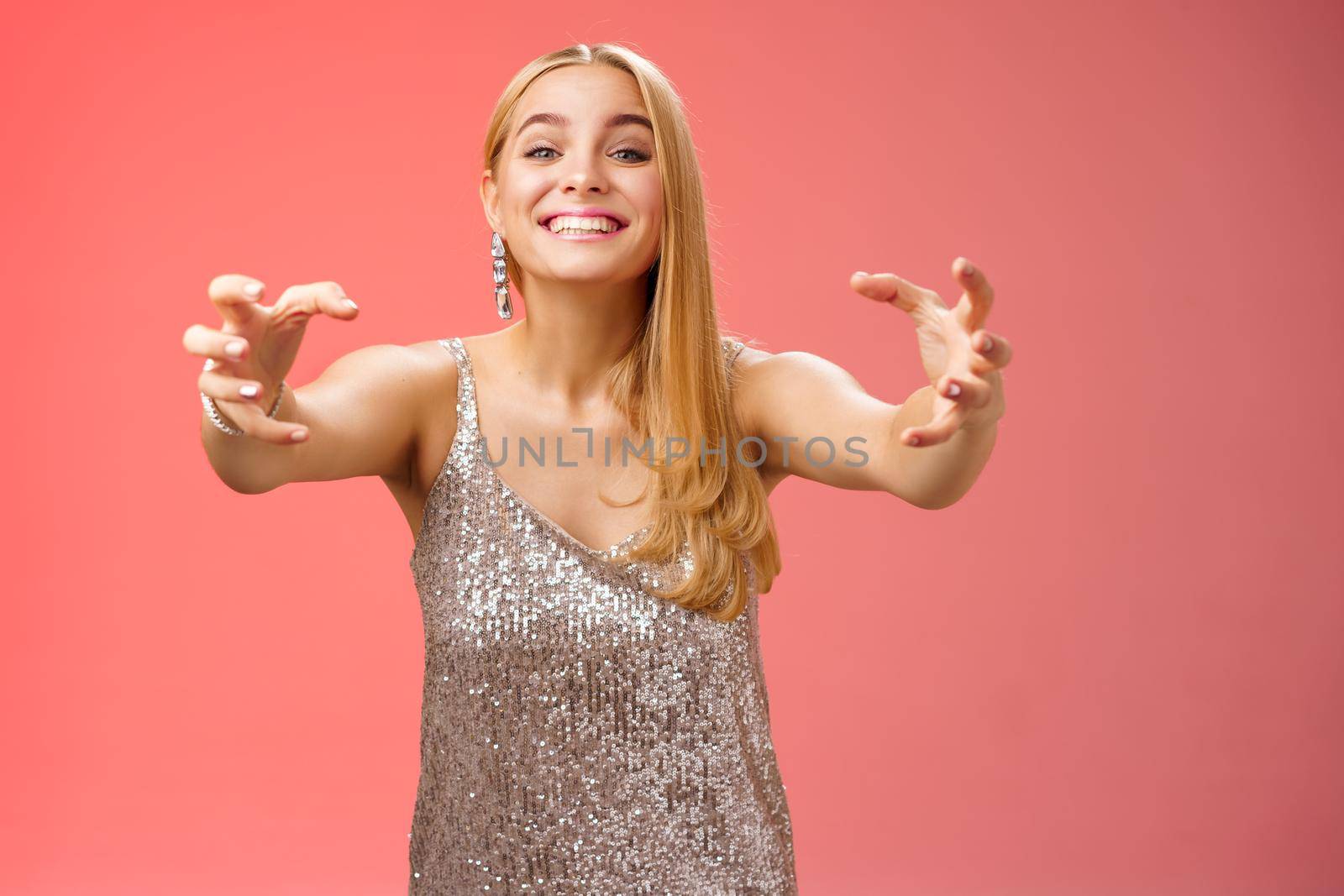 Excited obsessed attractive crazy blond woman in glamour silver dress smiling weird thrilled stretch hands like claws wanna embrace hug ex-boyfriend being clingy, standing red background by Benzoix