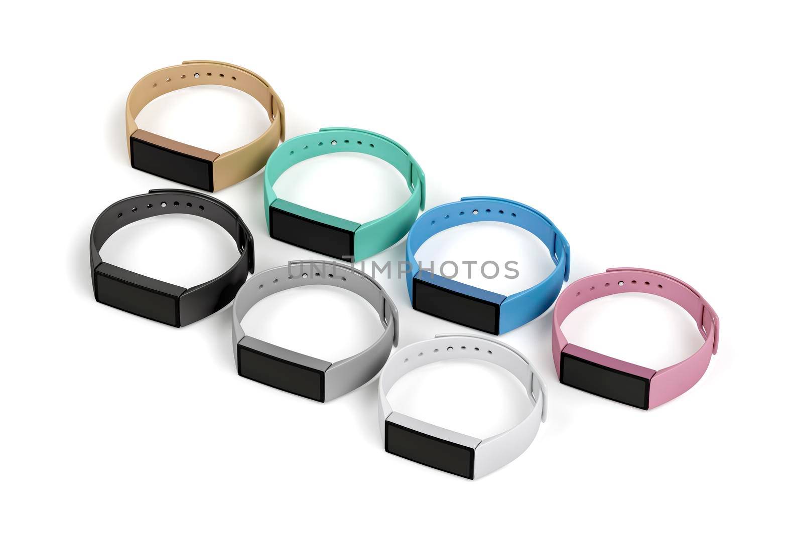 Rows with colorful smartwatches on white background