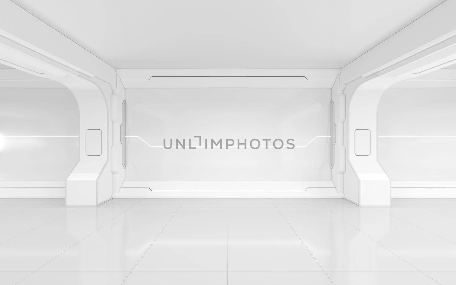 White empty futuristic room, 3d rendering. Computer digital drawing.