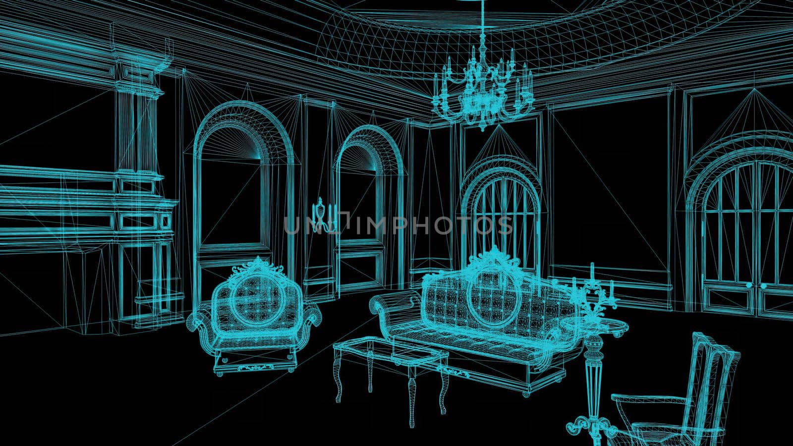 3d illustration - Wire frame Model Of Pompous Palace With Columns 