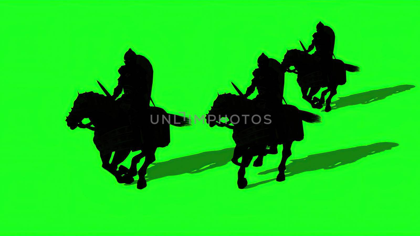 3d illustration - Silhouettes of Medieval Knights  Ride Horses  With Swords And Shields,  on green screen by vitanovski