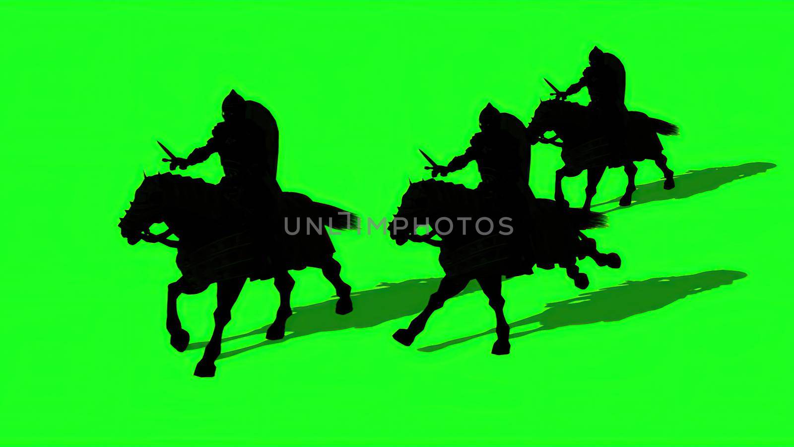 3d illustration - Silhouettes of Medieval Knights  Ride Horses  With Swords And Shields,  on green screen by vitanovski