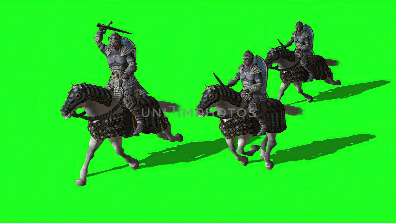 3d illustration - Medieval Knights  Ride Horses  With Swords And Shields,  on green screen