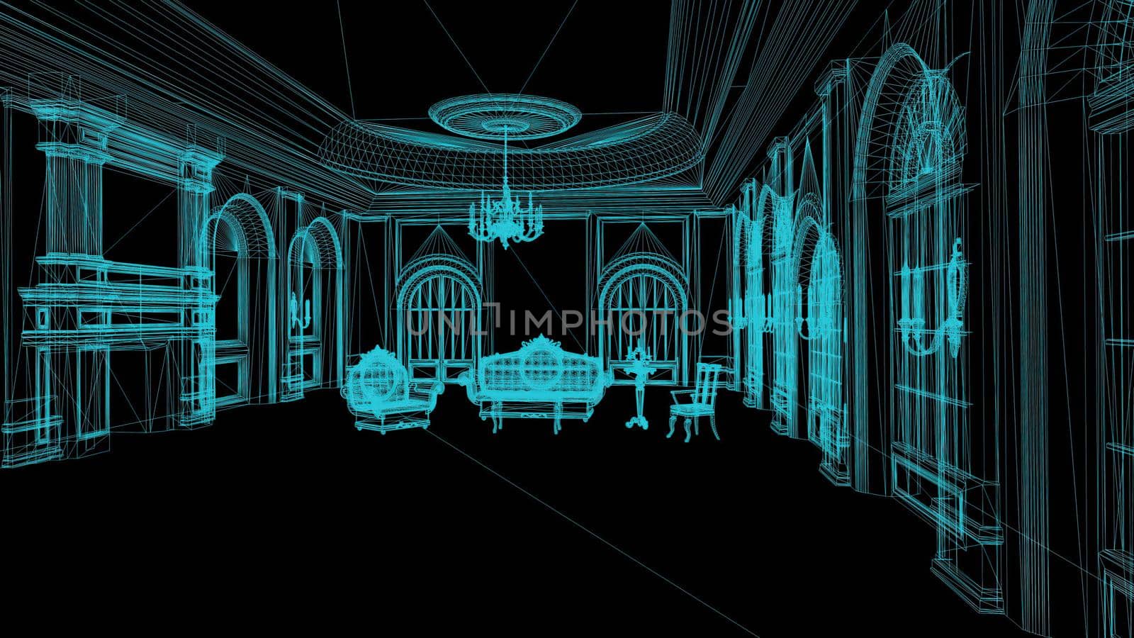 3d illustration - Wire frame Model Of Pompous Palace With Columns 