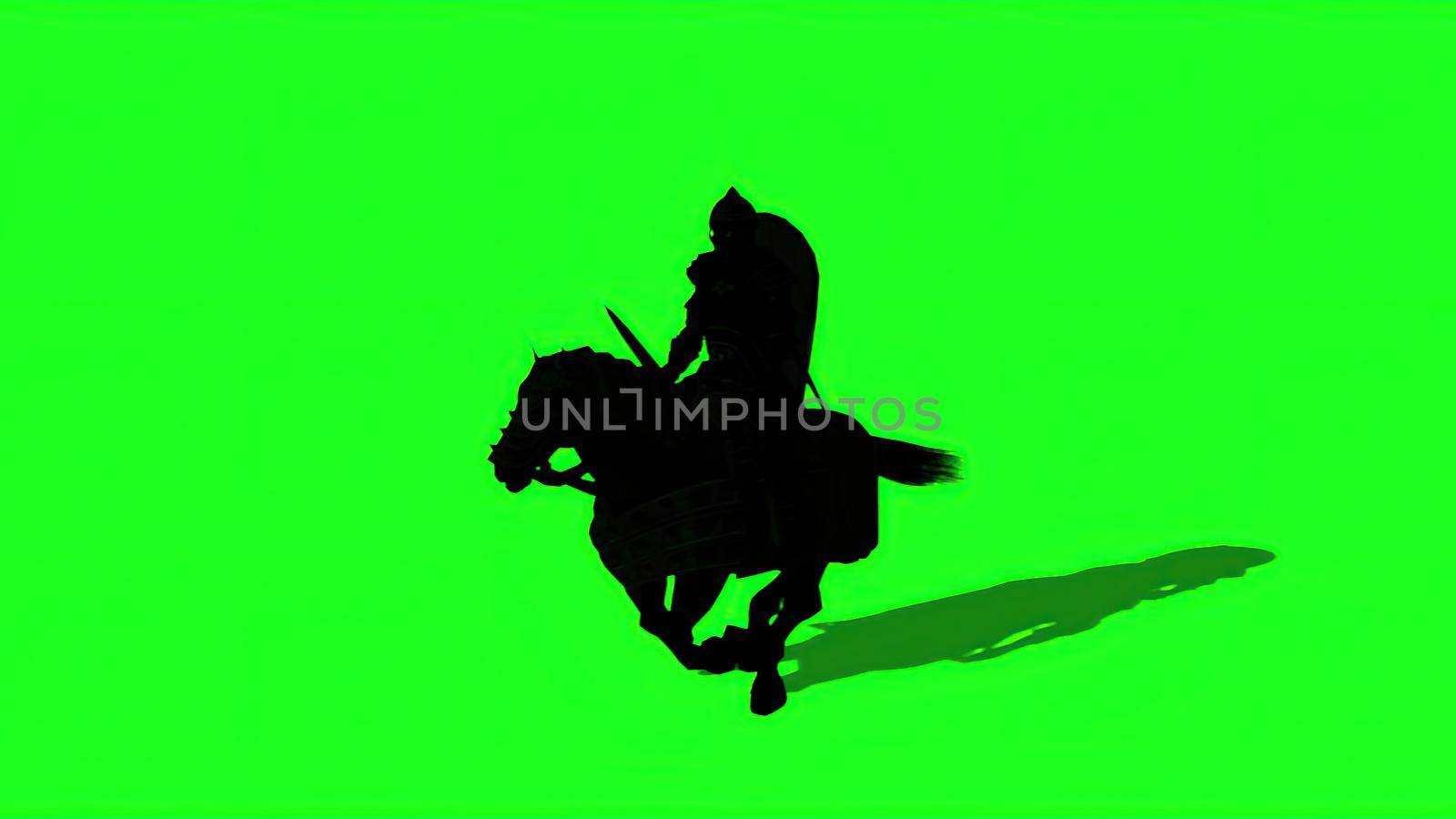 3d illustration - Silhouette of Medieval Knight  Ride Horse  With Sword And Shield,  on green screen