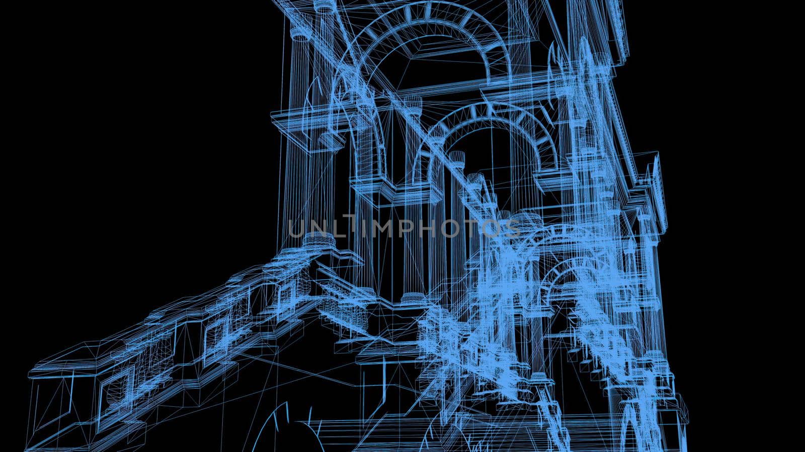 3d illustration - Wire frame Model Of Pompous Palace With Columns  by vitanovski