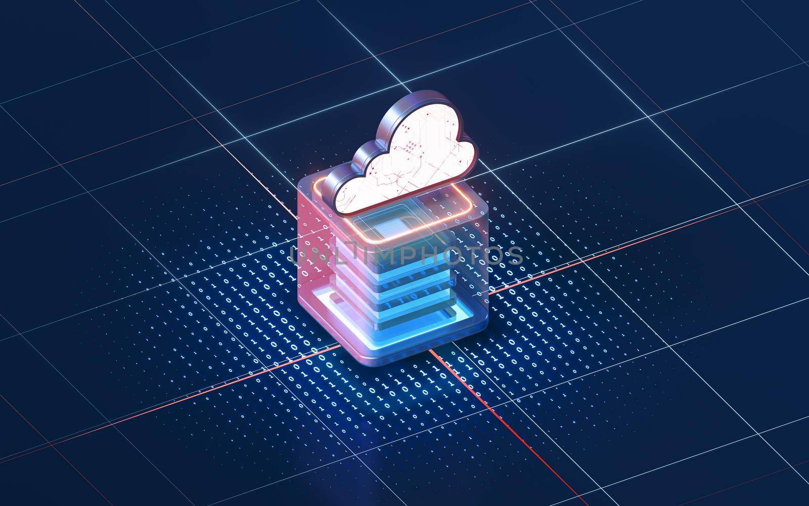 Cloud computing and cube with dark background, 3d rendering. Computer digital drawing.