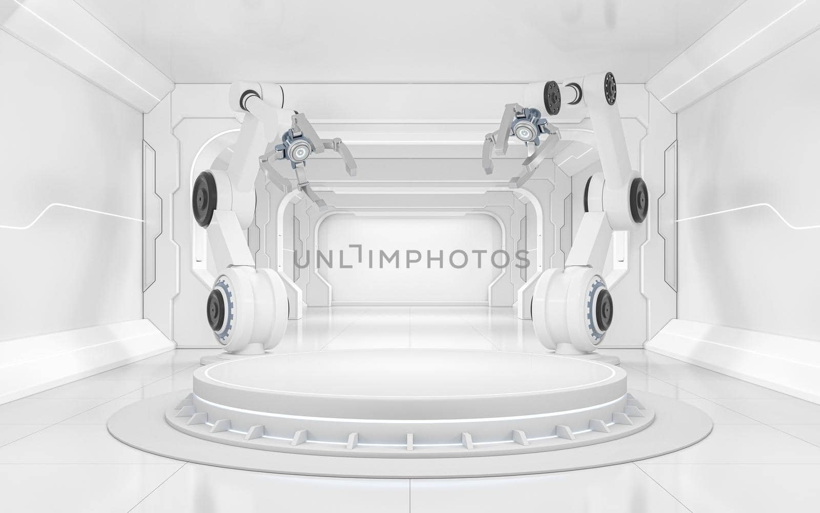 Empty stage and robotic arms, 3d rendering. by vinkfan