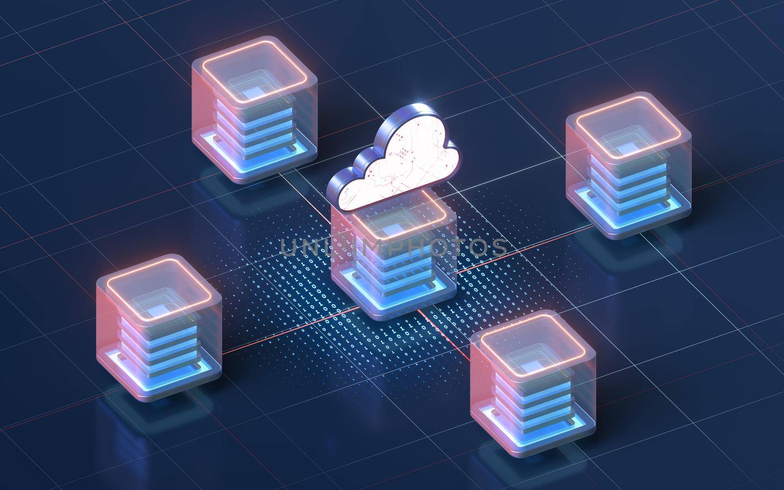 Block chains and cloud computing, 3d rendering. Computer digital drawing,