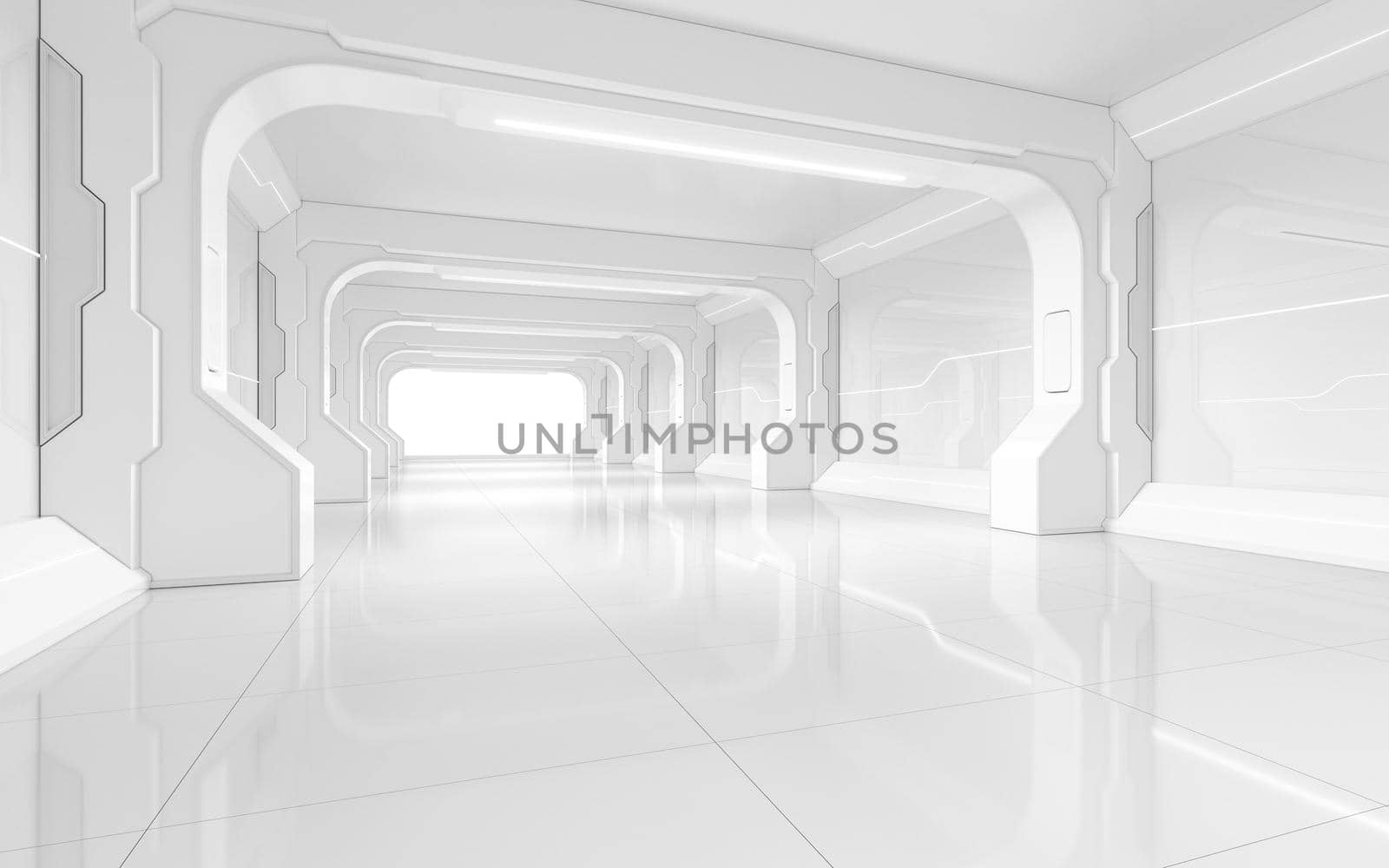 White empty tunnel, futuristic room, 3d rendering. by vinkfan