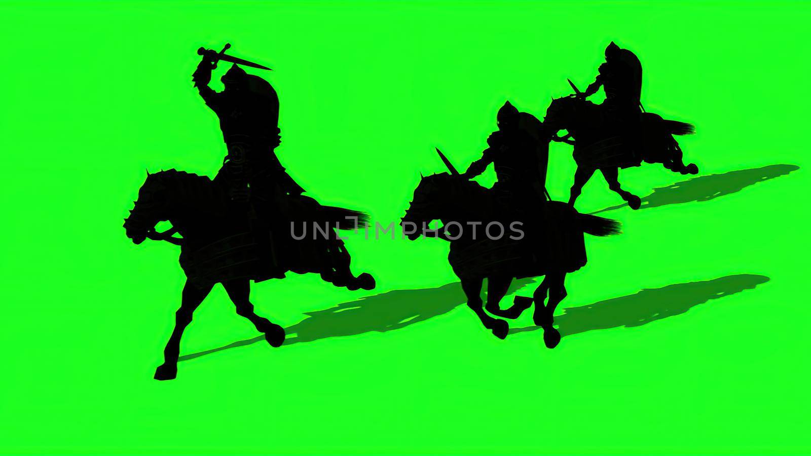 3d illustration - Silhouettes of Medieval Knights  Ride Horses  With Swords And Shields,  on green screen by vitanovski