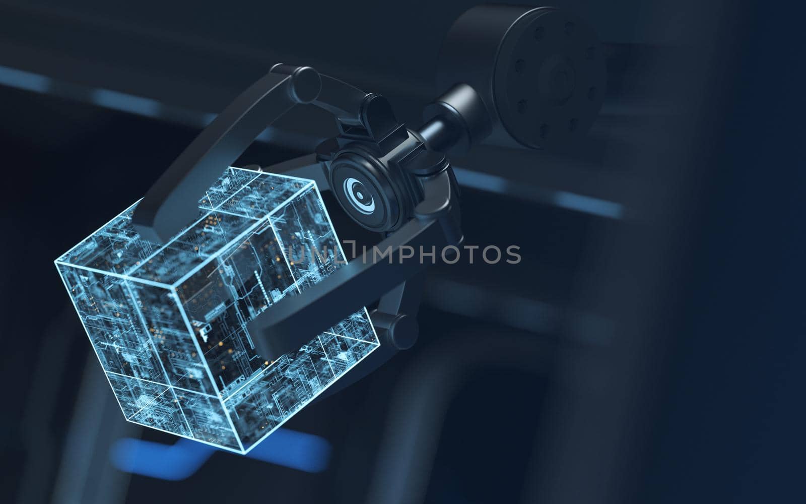 Robotic arms in the dark futuristic room, 3d rendering. by vinkfan