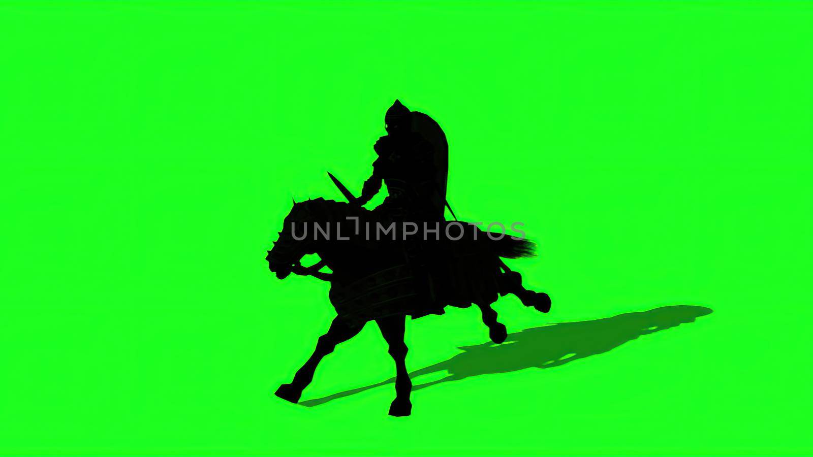 3d illustration - Silhouette of Medieval Knight  Ride Horse  With Sword And Shield,  on green screen