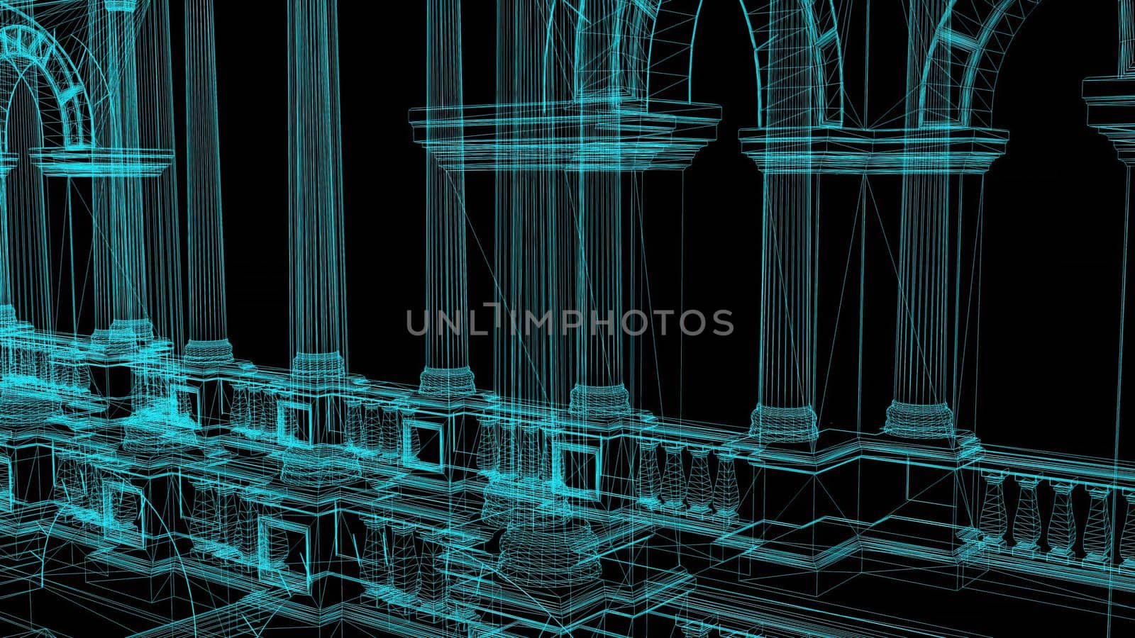 3d illustration - Wire frame Model Of Pompous Palace With Columns 