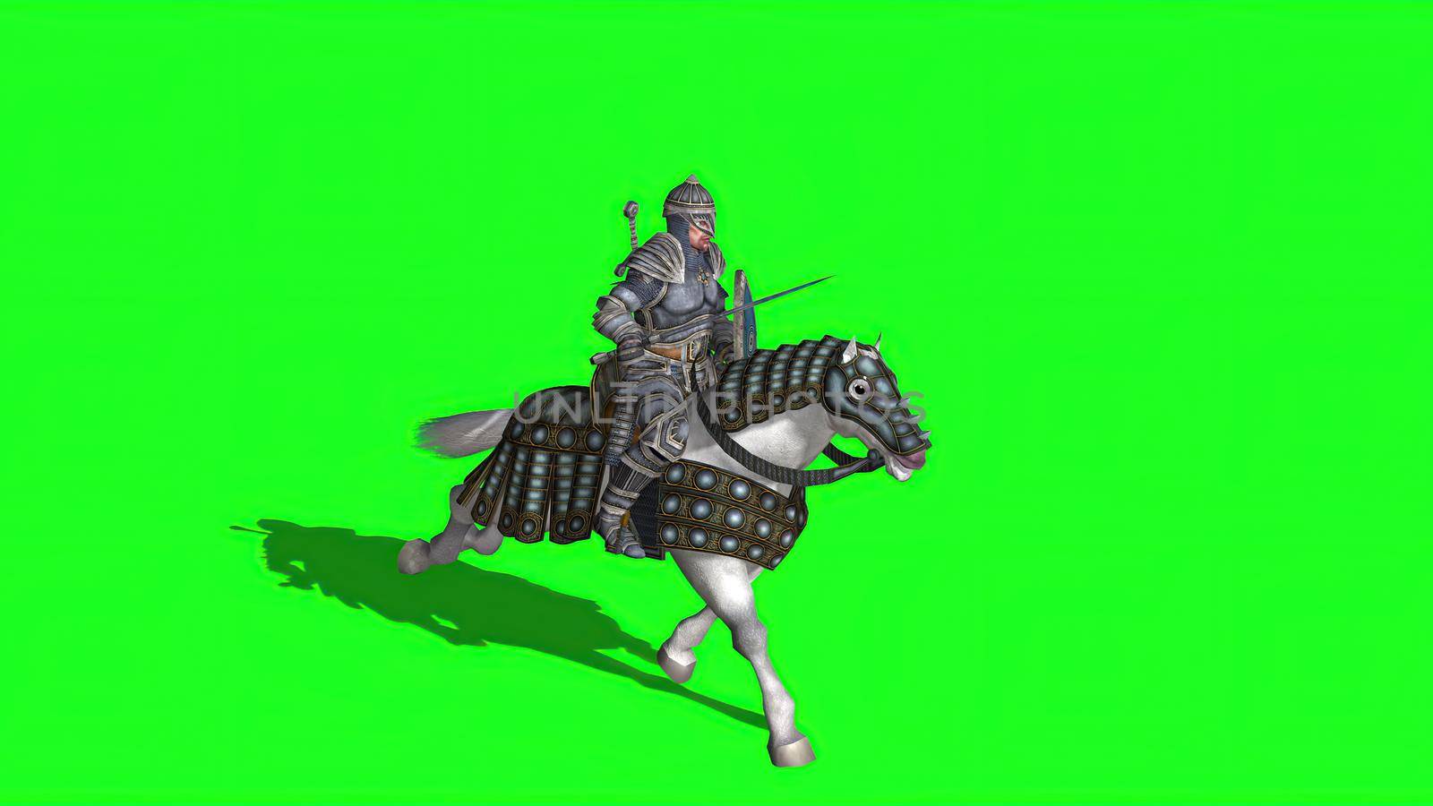 3d illustration - Medieval Knight  Ride Horse  With Sword And Shield  on green screen