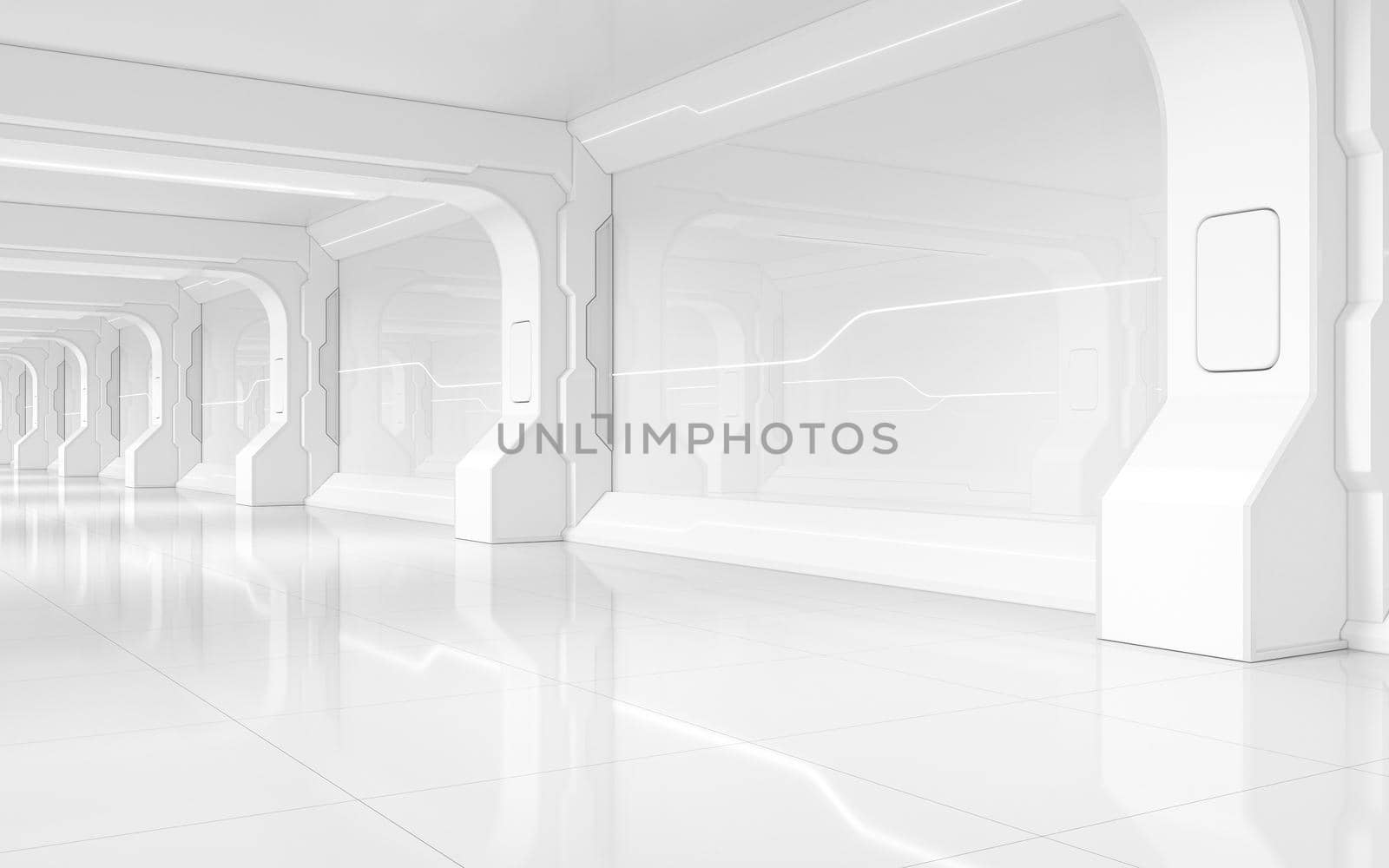 White empty tunnel, futuristic room, 3d rendering. by vinkfan