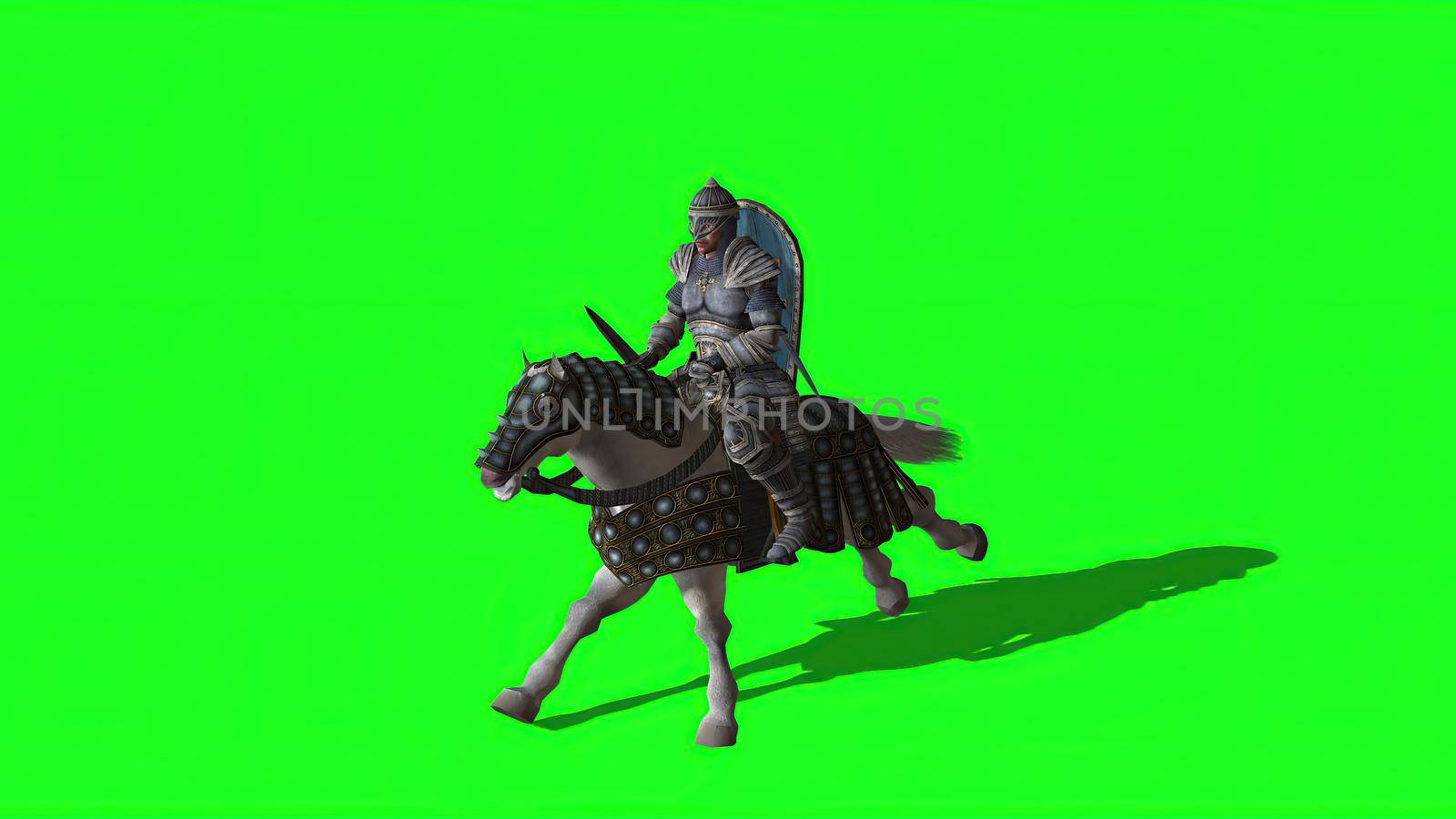 3d illustration - Medieval Knight  Ride Horse  With Sword And Shield  on green screen