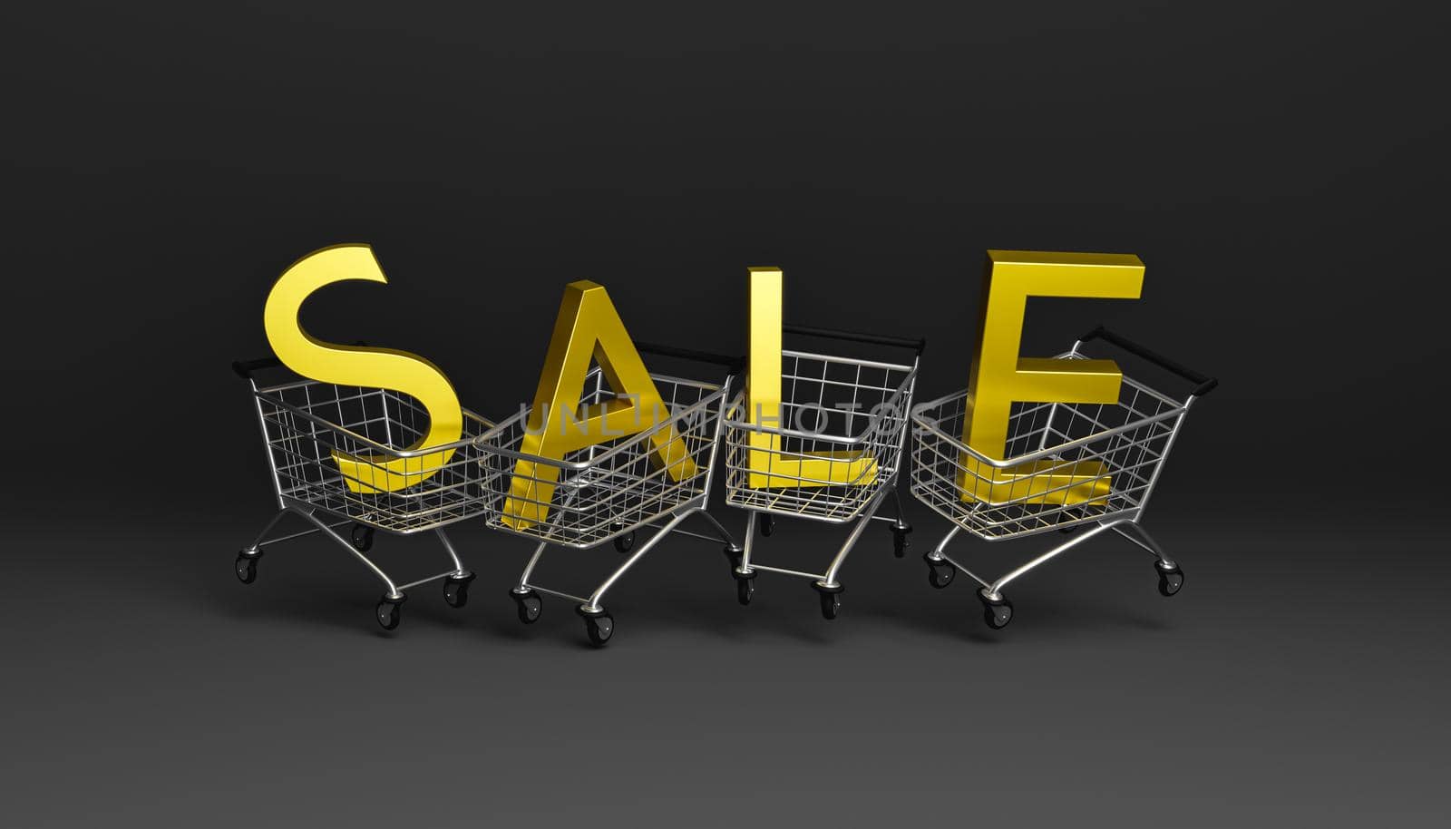 shopping carts with SALE gold lettering inside. 3d rendering