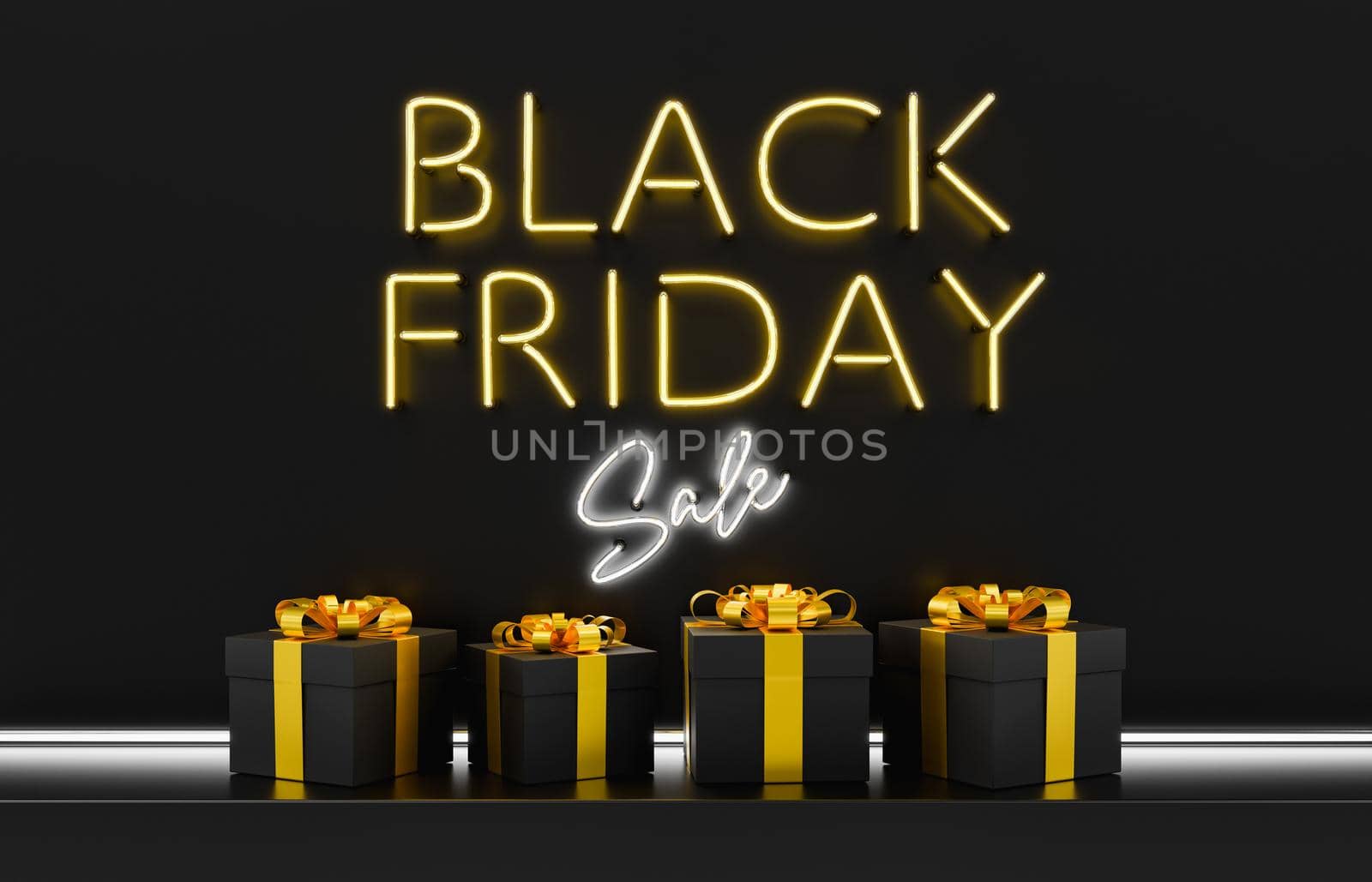 BLACK FRIDAY SALE neon sign on black background with gold gifts underneath. 3d rendering