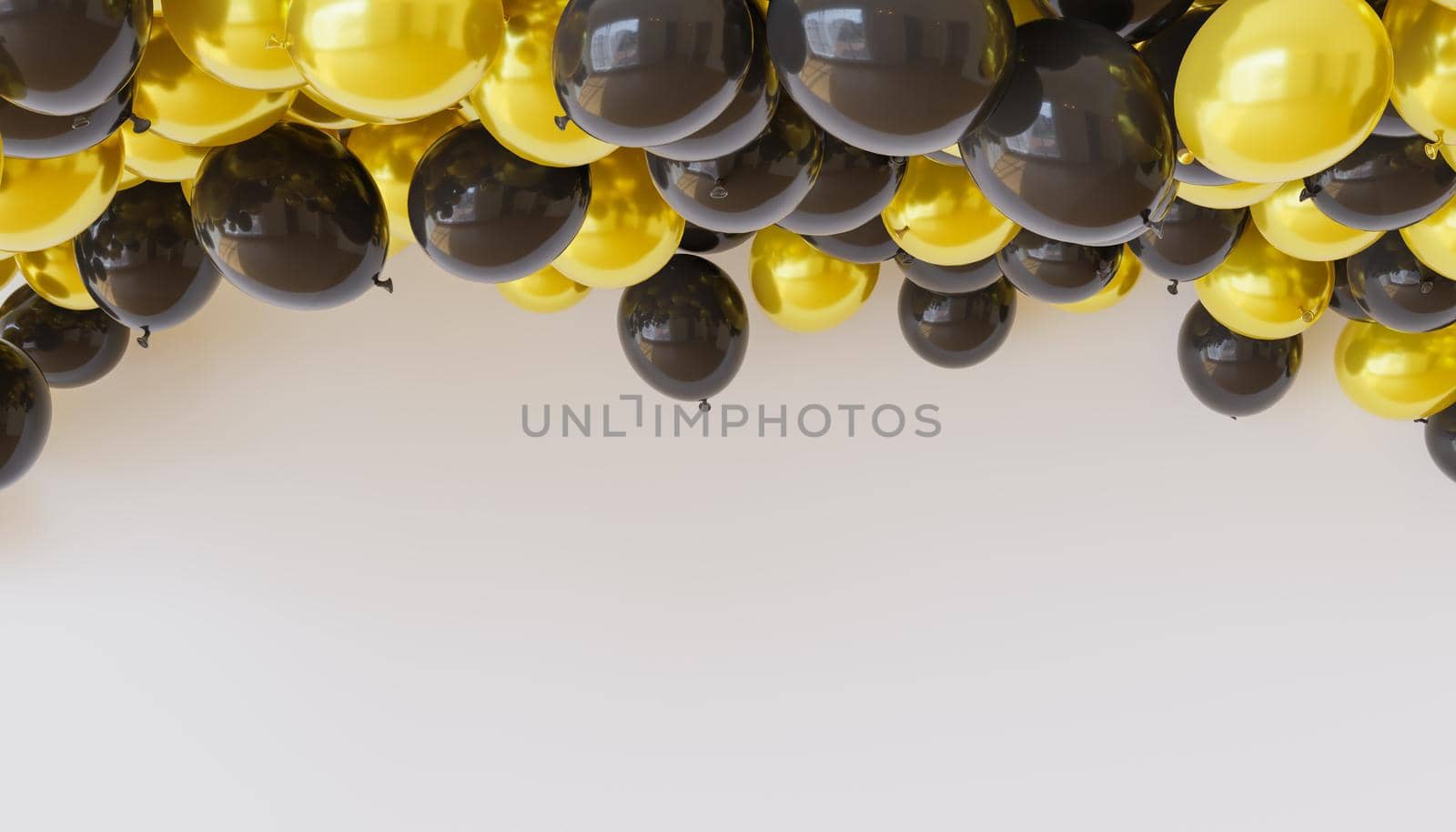 background with gold and black balloons floating on top with space for text. 3d rendering