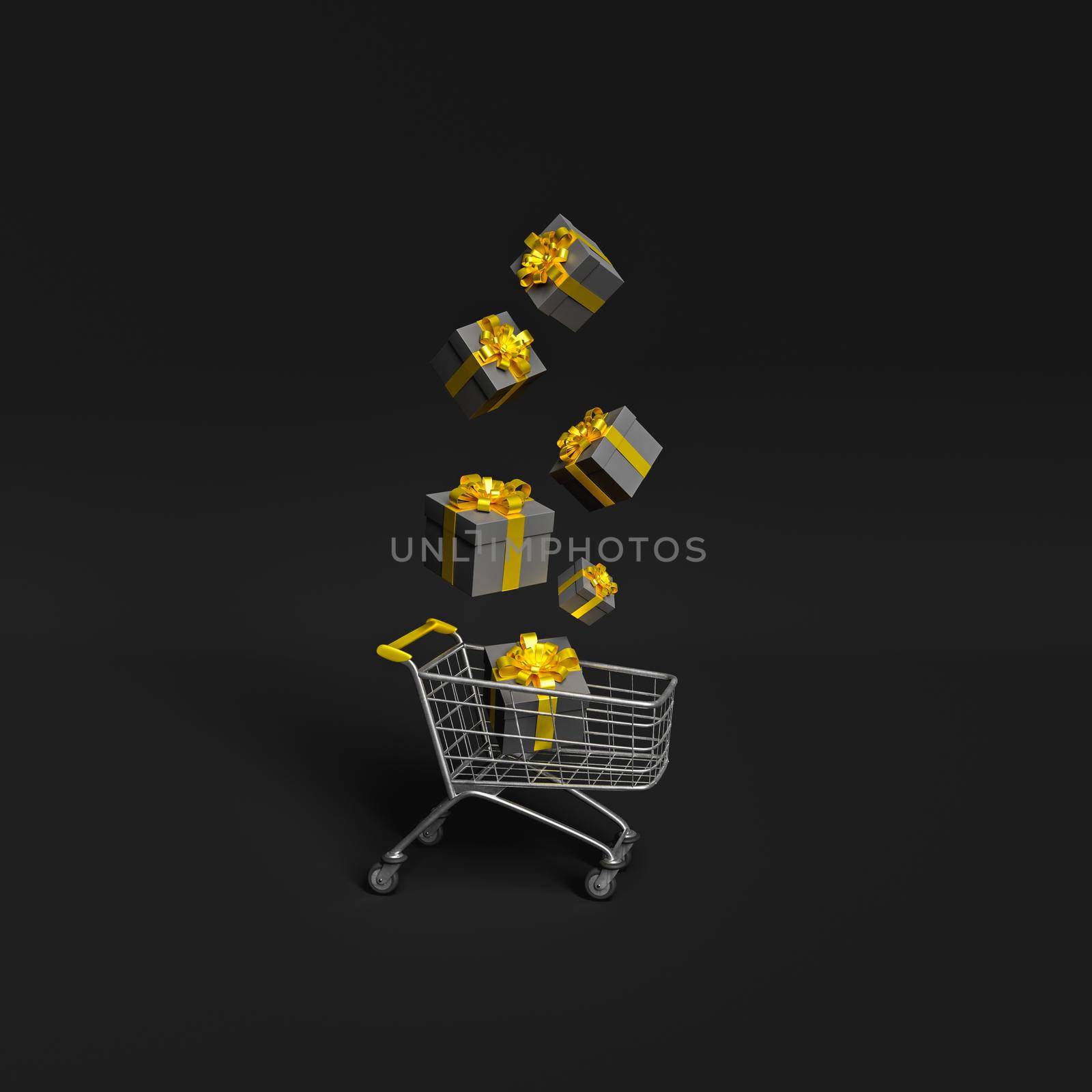 shopping cart with dark and golden gifts falling on the black background. black friday concept. 3d rendering