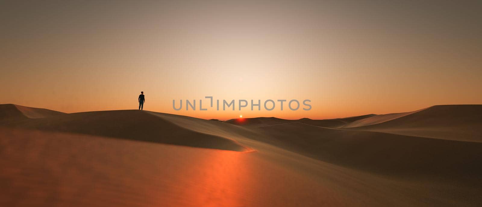 infinite landscape of dunes at sunset with a silhouette of a person in the background. 3d rendering
