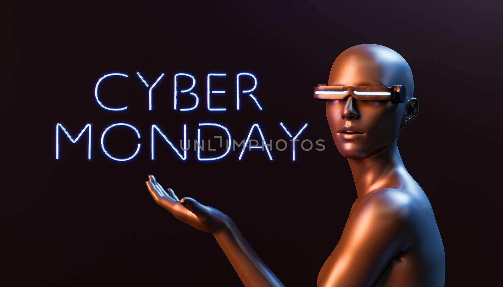 futuristic character showing a CYBER MONDAY sign. 3d rendering