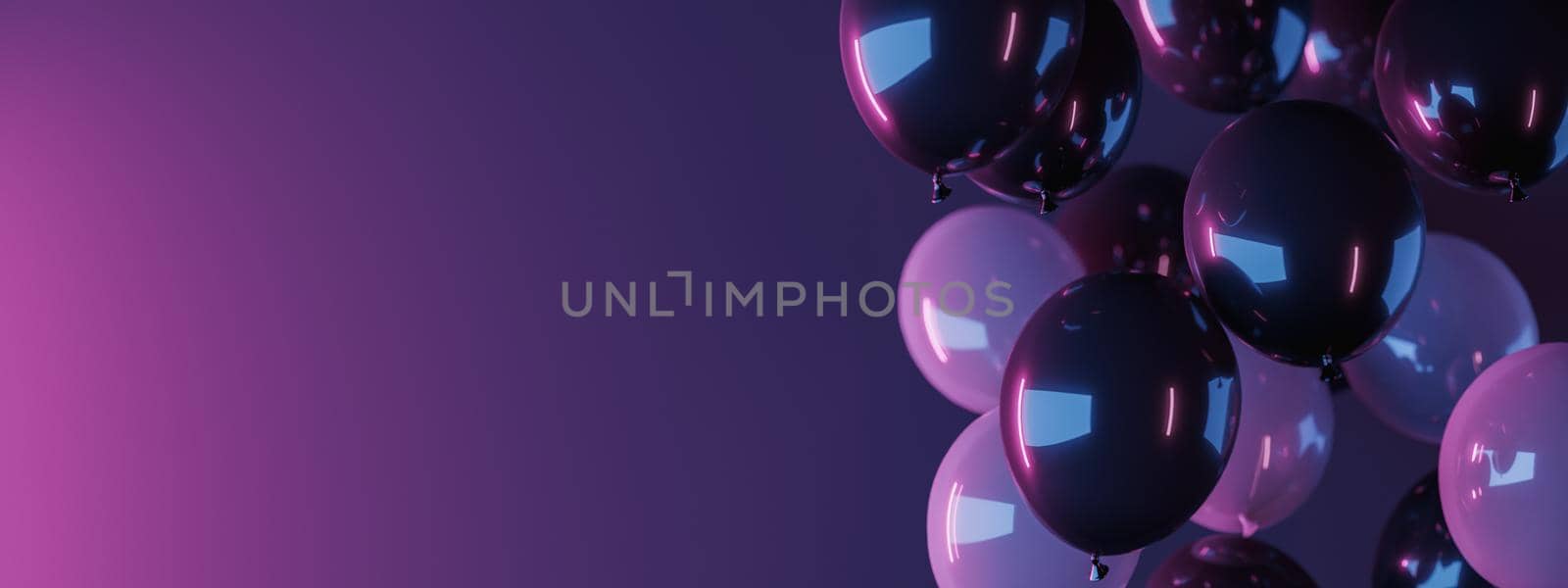 header with black and white out of focus balloons and blue and pink neon lighting. 3d rendering